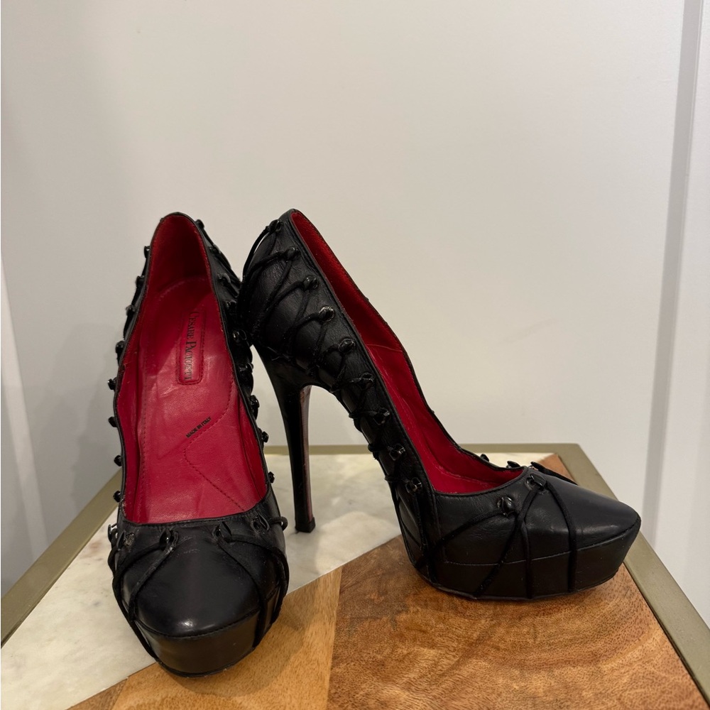 Authentic Cesare Paciotti Corset Black Heels with Red Interior size 6
